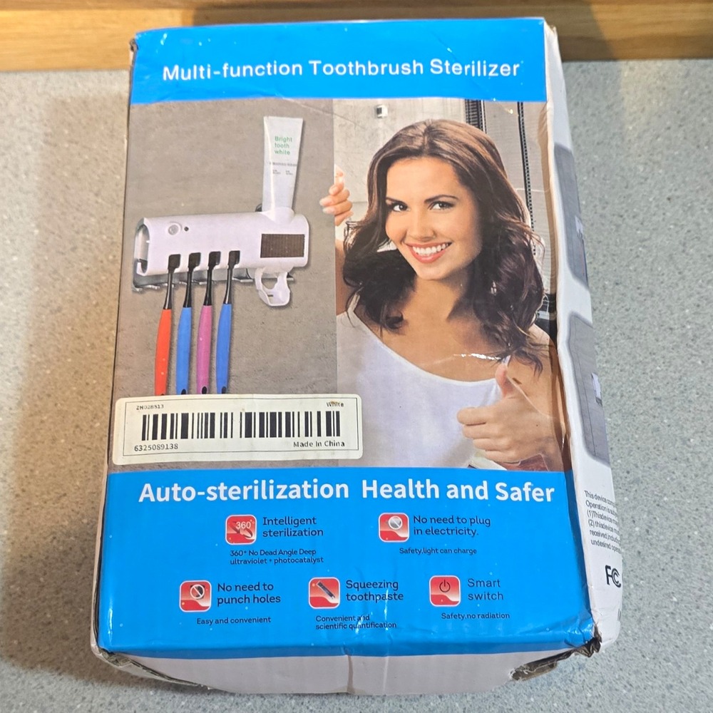 UV Toothbrush Sterilizer w/ Toothpaste Dispenser Wall Mount Suction White